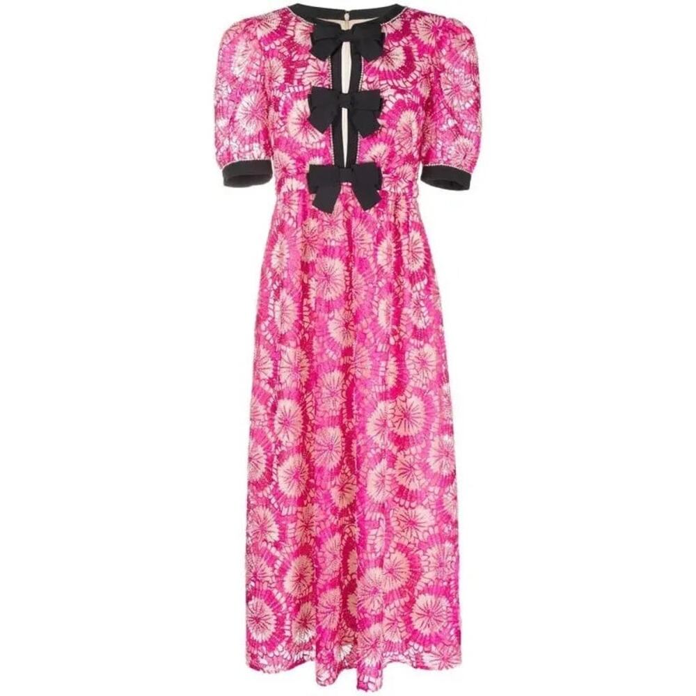Saloni Jamie-C Dress Fuchsia Beige Beaded Pink Lace Bow Puff Sleeve Midi size 10
